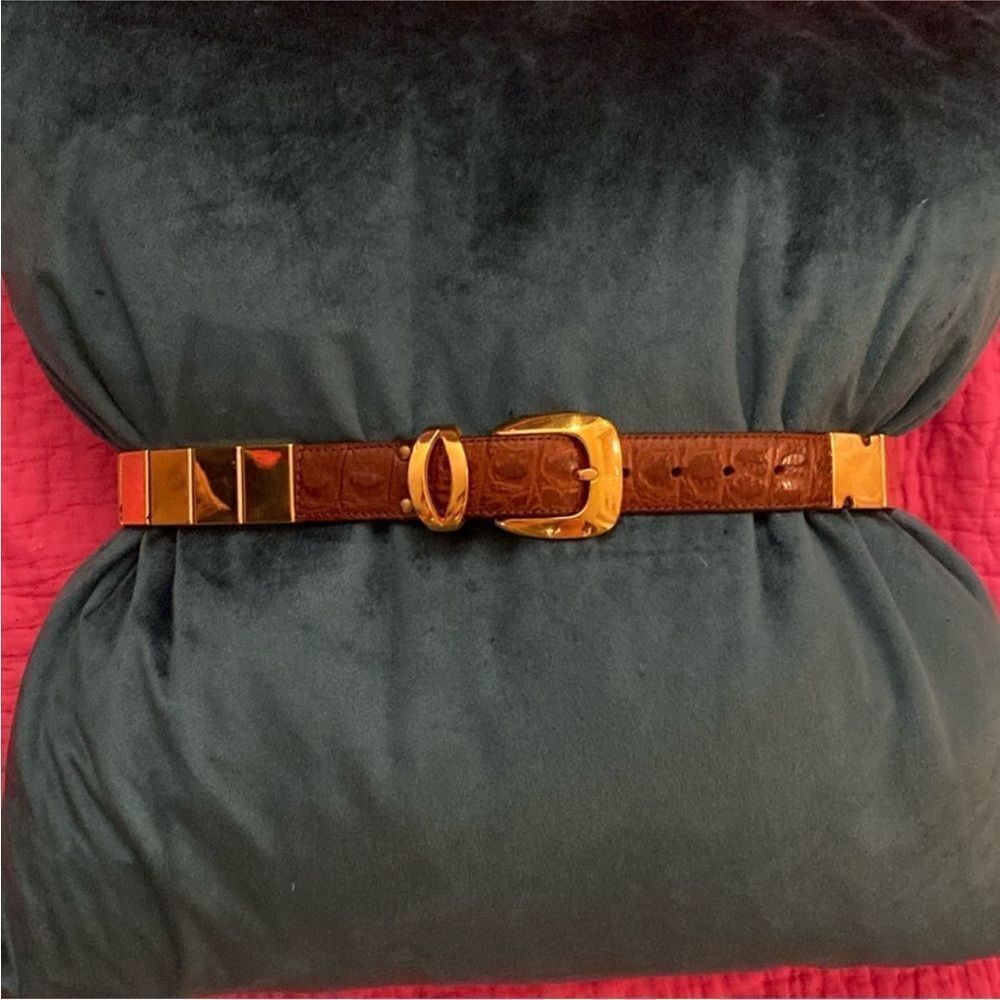 Nanny Brown genuine alligator/ gold metal Belt with Gold Buckle, L 30 inch
